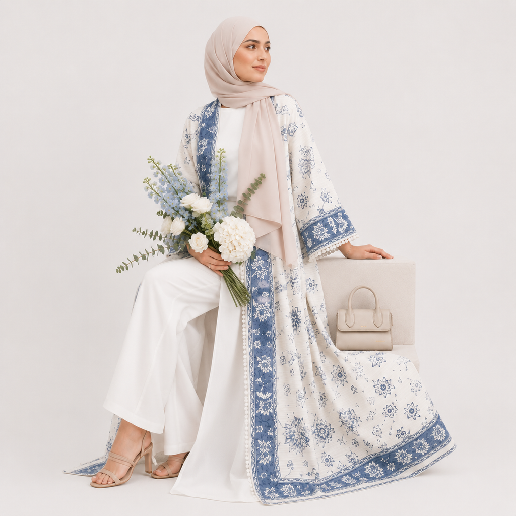 Woman holding flowers and a handbag, wearing a floral dress with blue patterns on a white background