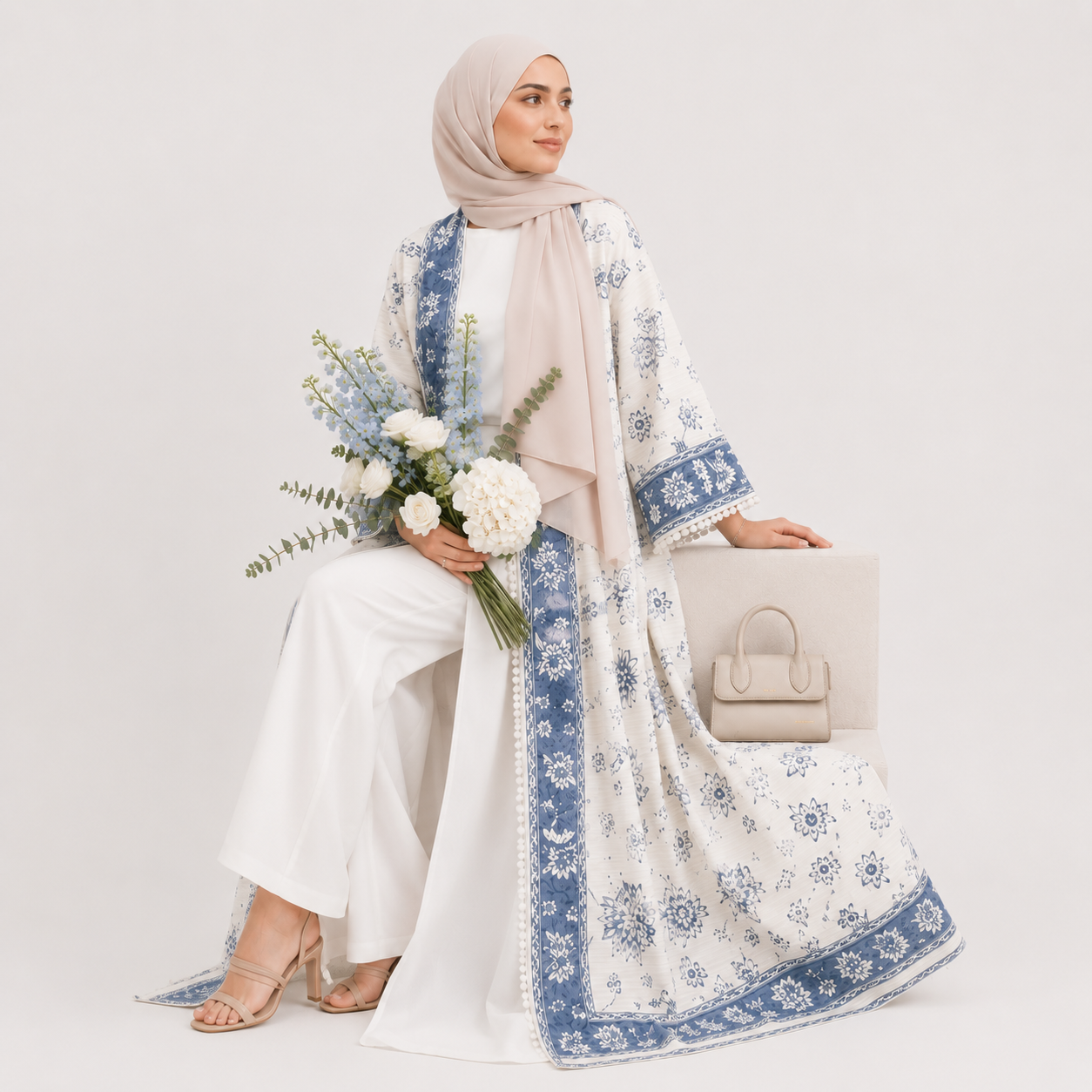 Woman holding flowers and a handbag, wearing a floral dress with blue patterns on a white background
