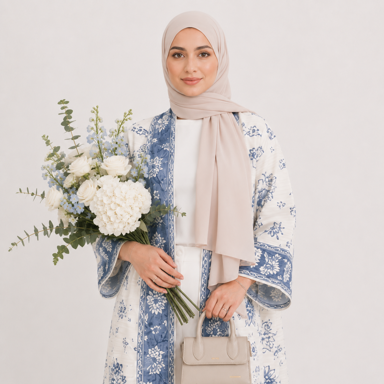 Woman holding a bouquet of flowers wearing a floral outfit and beige hijab on a light background