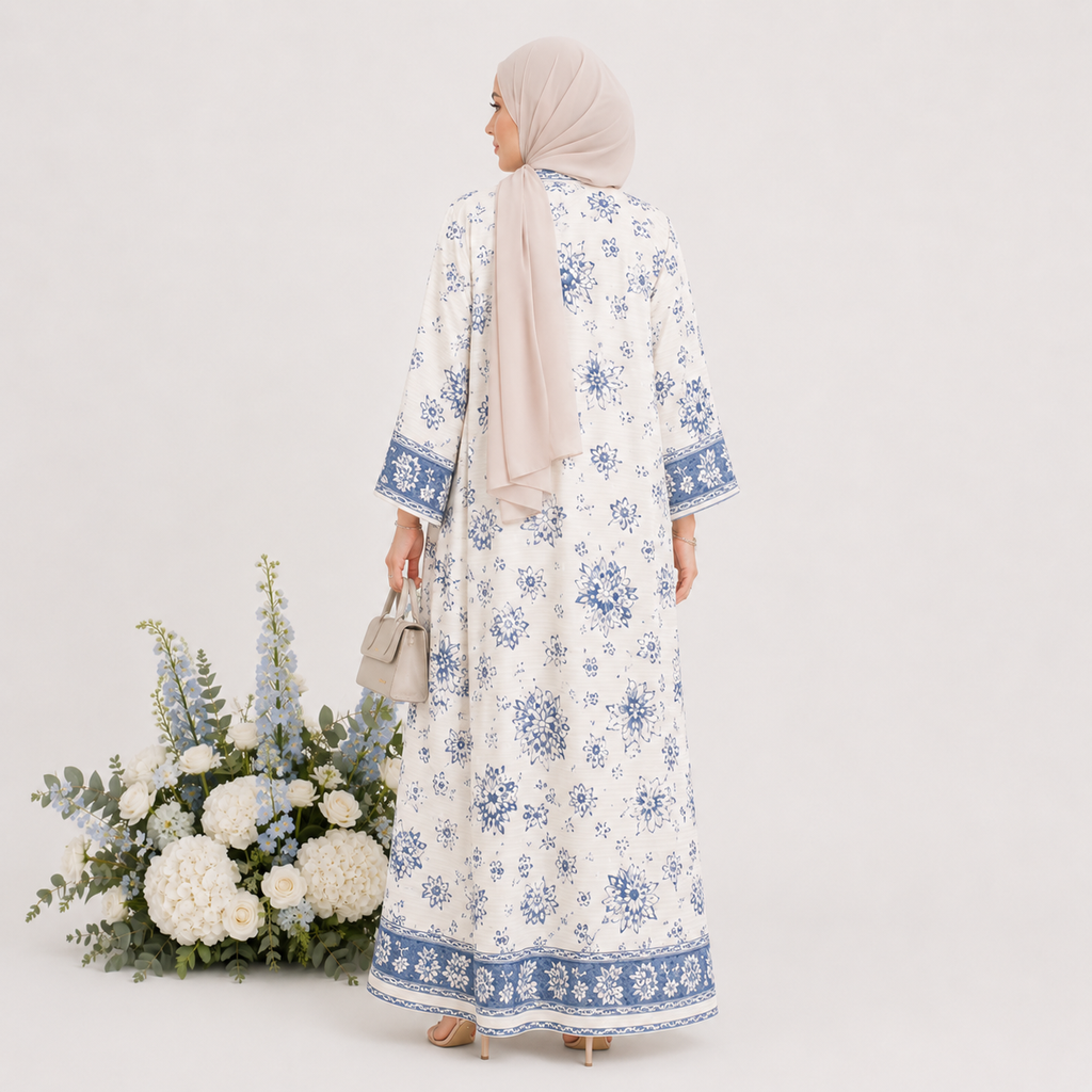 Woman wearing a white floral dress with blue details, standing next to a floral arrangement on a white background.