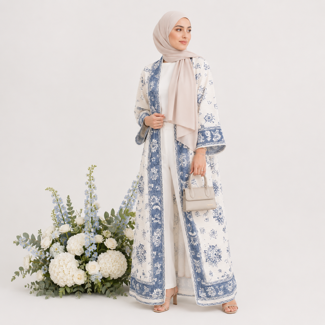 Woman wearing a floral abaya with a neutral hijab, standing next to a floral arrangement on a white background.