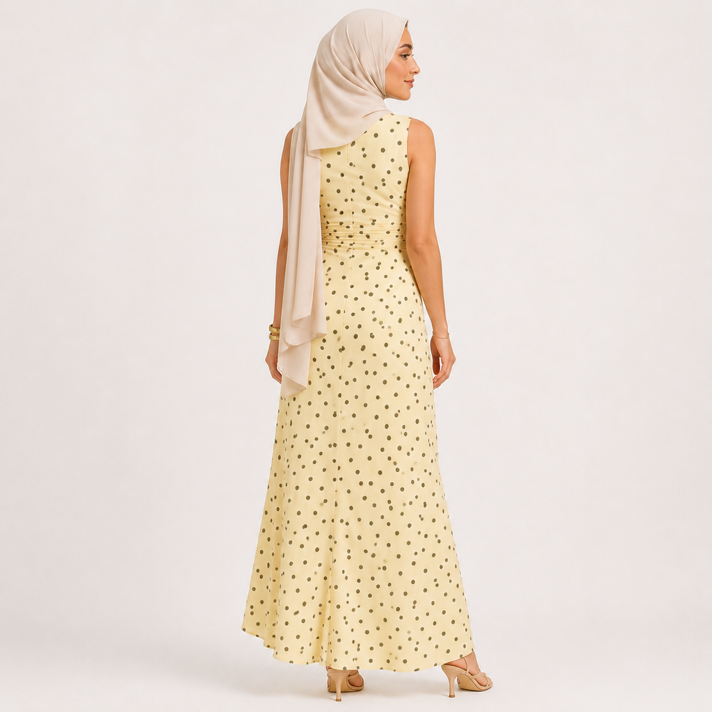 Woman wearing a yellow dress with a subtle pattern on a white background