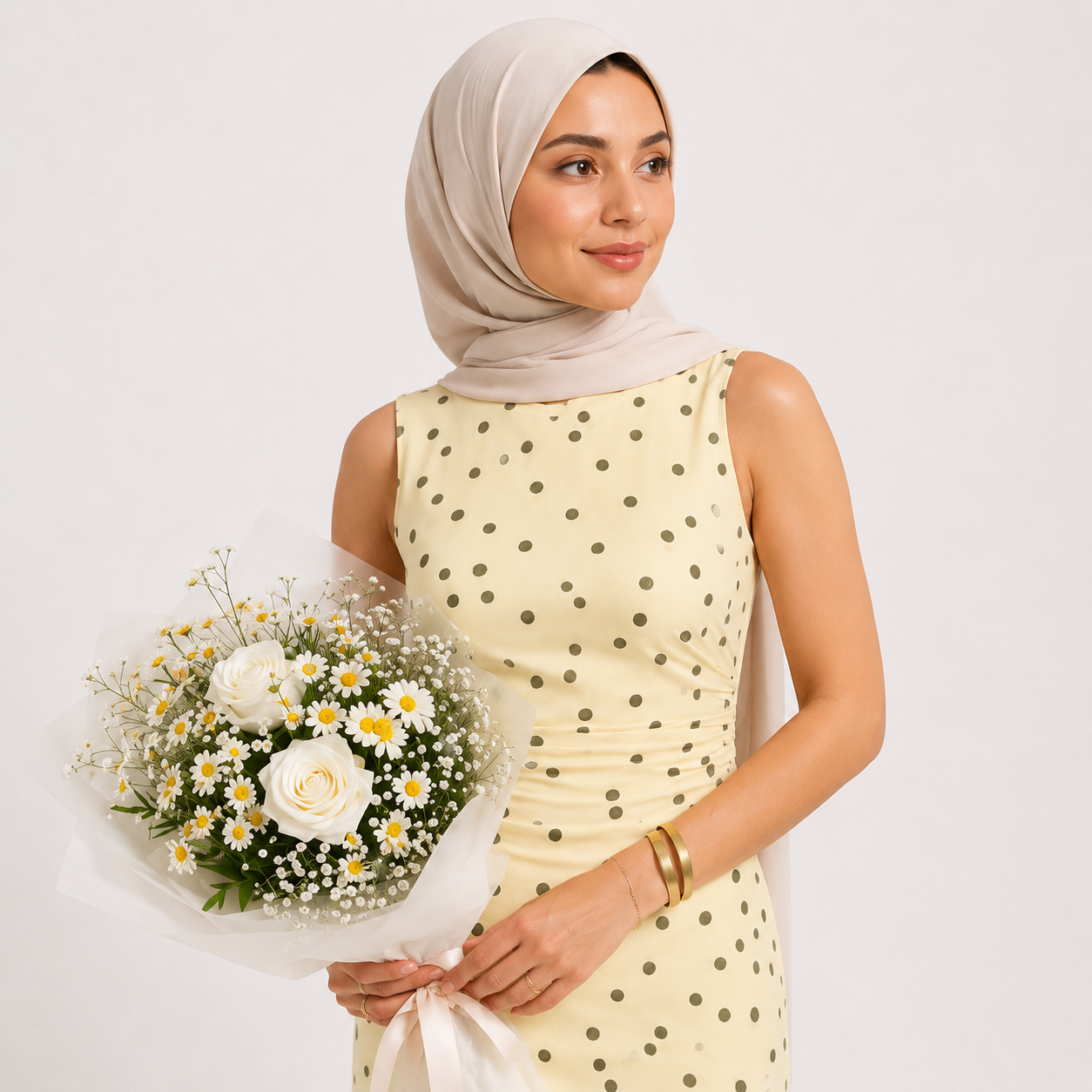 Woman in a yellow polka dot dress holding a bouquet of flowers against a white background