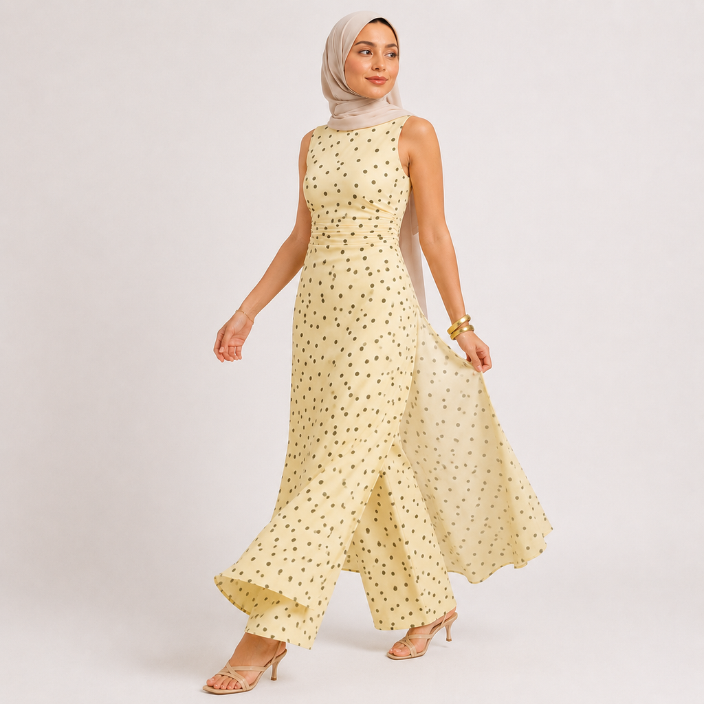 Woman wearing a yellow floral dress with a plain background