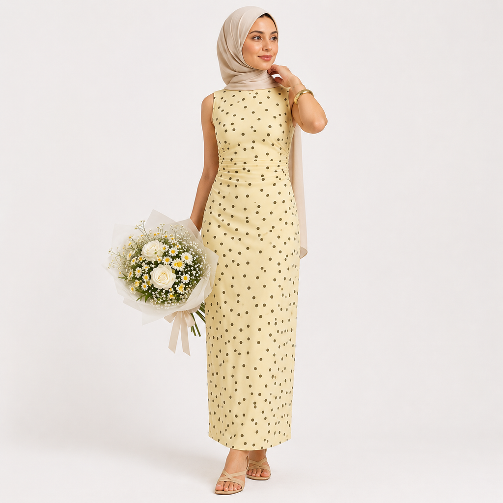 Woman wearing a yellow dress with black polka dots and holding flowers on a white background