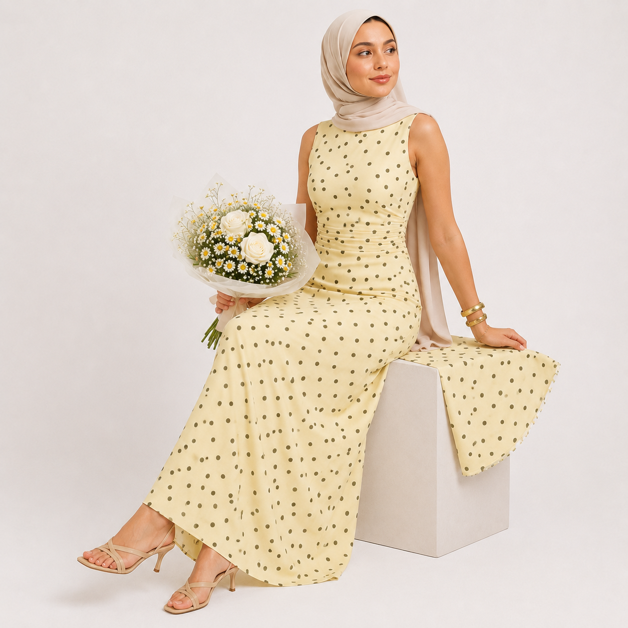 Woman in a yellow polka dot dress holding a bouquet of flowers against a white background