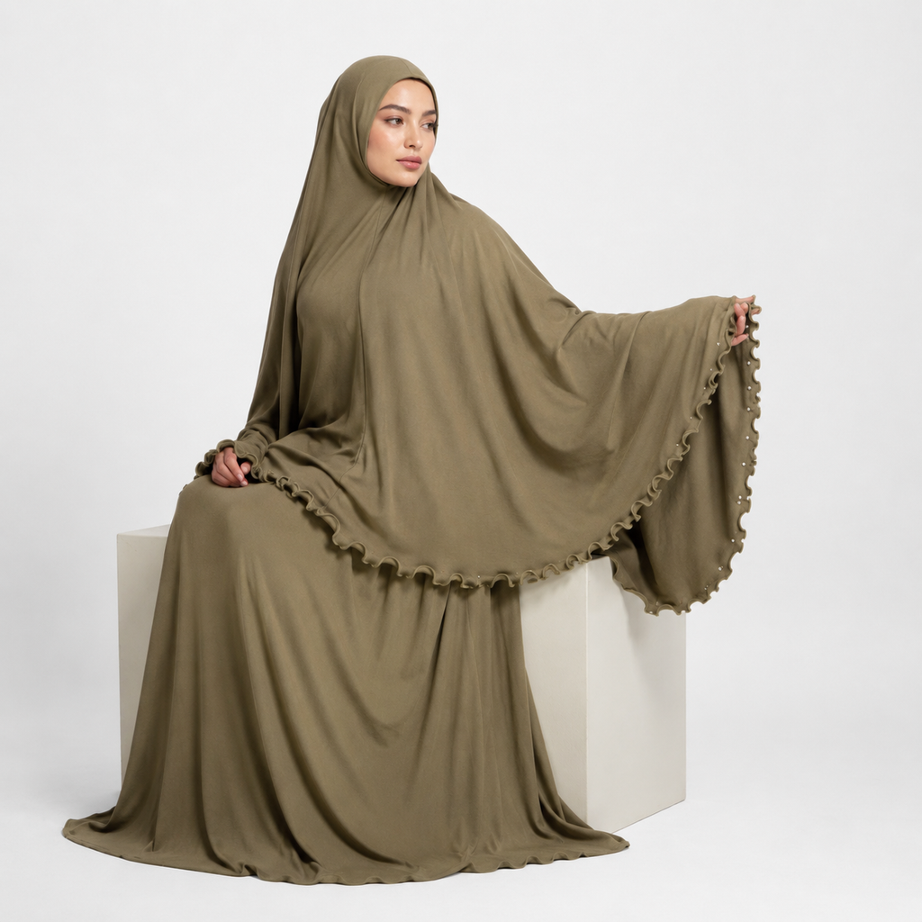 Olive Two-Piece Prayer Set with Ruffle Hem