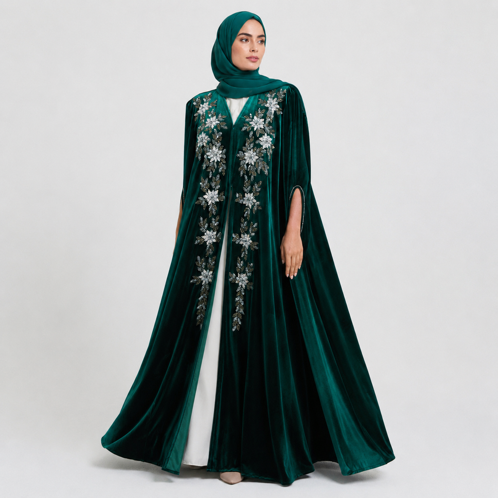 Luxury Emerald Green Embellished Cape with Pearl Details