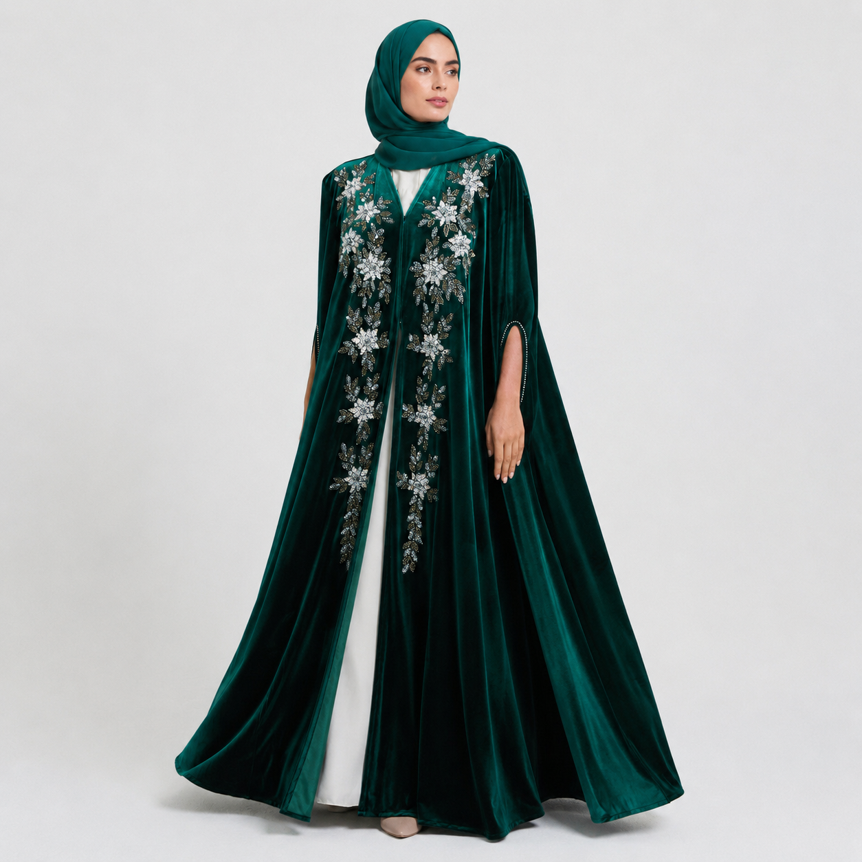 Luxury Emerald Green Embellished Cape with Pearl Details