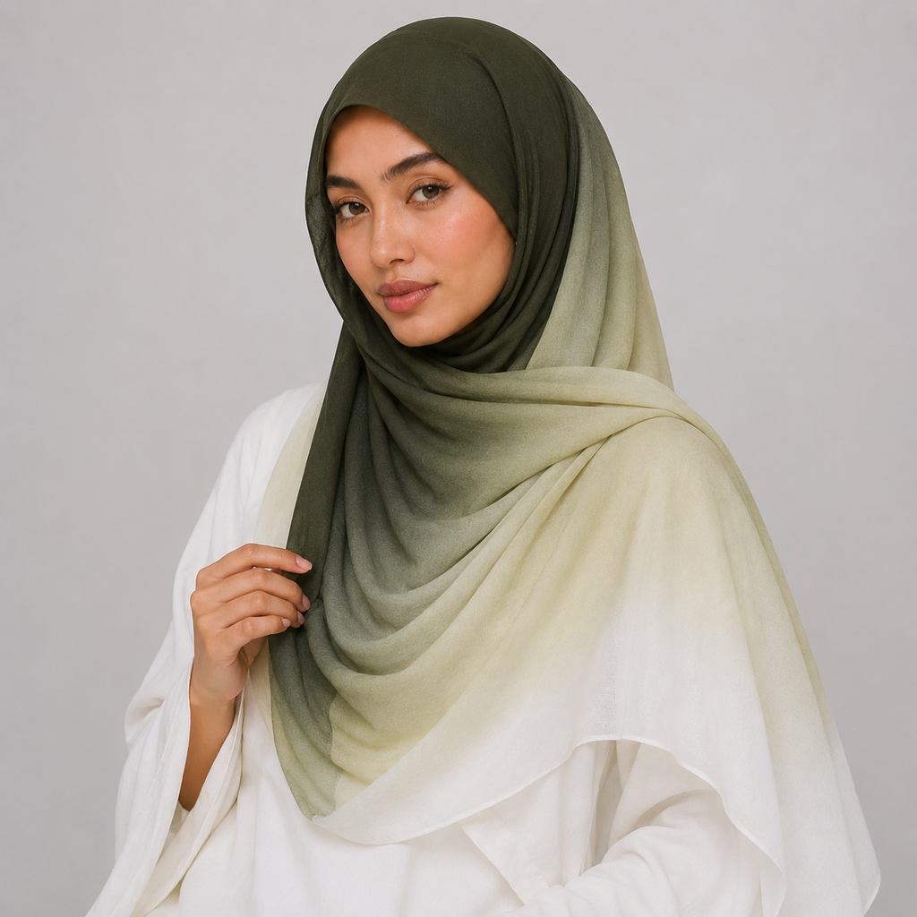 Woman wearing a green hijab with a gradient effect on a plain background
