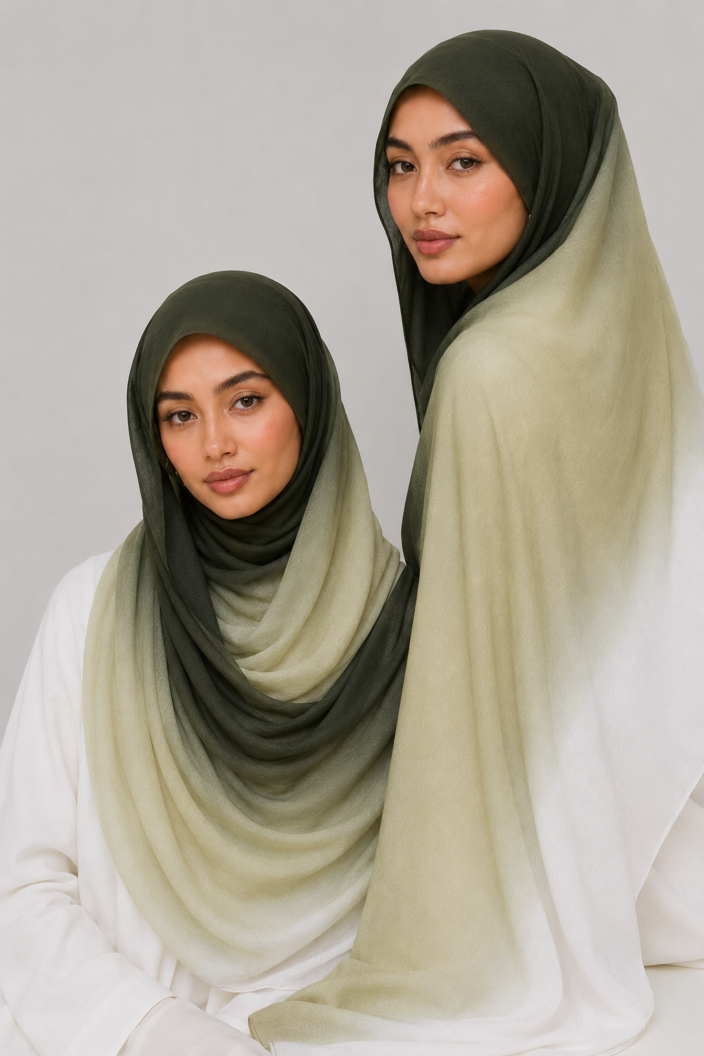 Two women wearing green and beige hijabs on a plain background