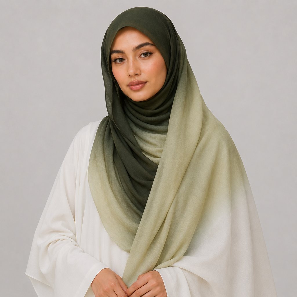 Woman wearing a green hijab with a gradient effect on a plain background