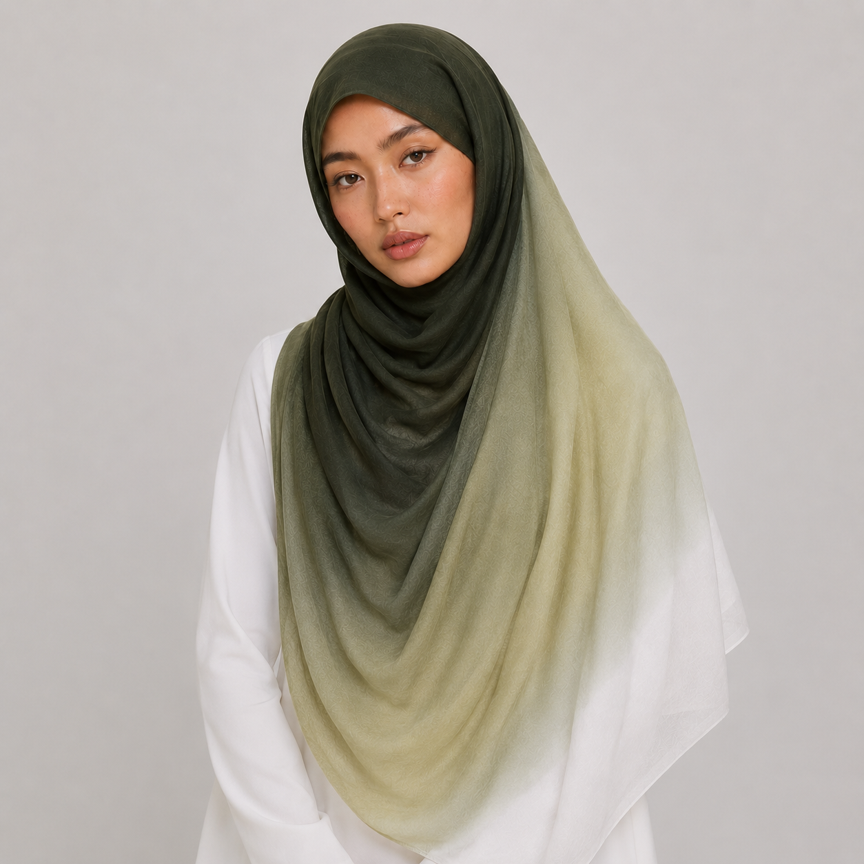 Woman wearing a green and beige hijab on a plain background