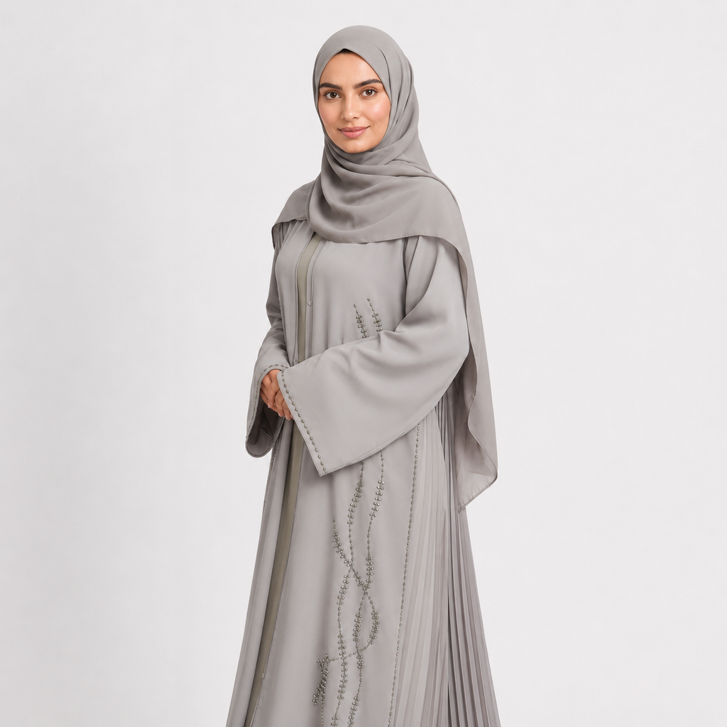 Light Gray Luxury Crystal Pleated Open Abaya
