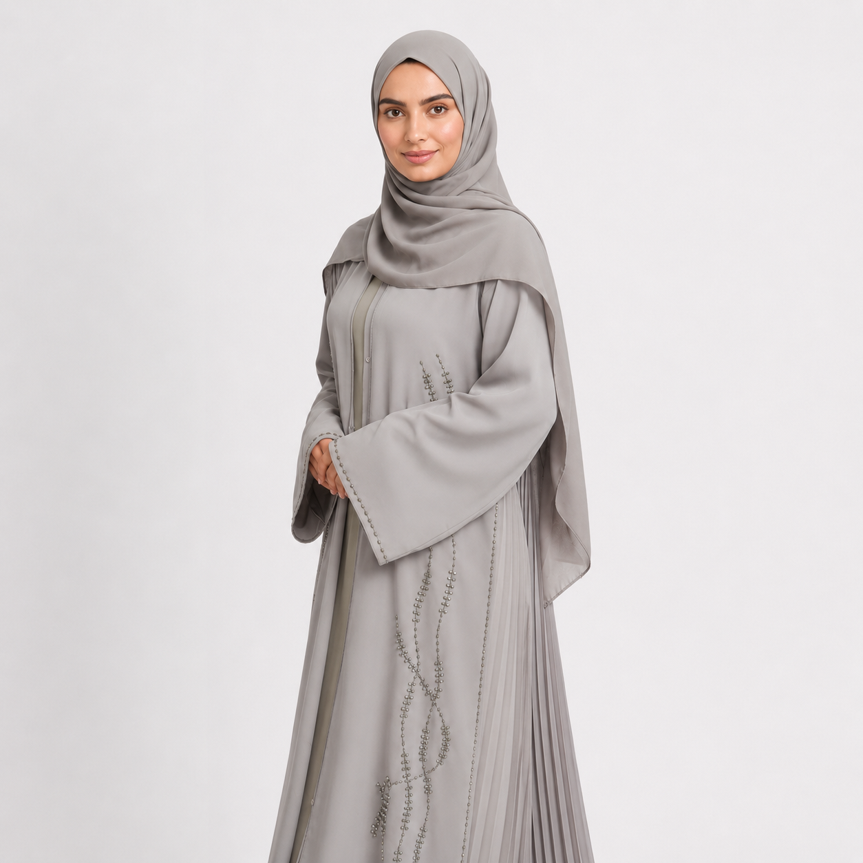 Light Gray Luxury Crystal Pleated Open Abaya