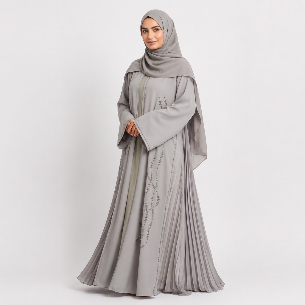 Light Gray Luxury Crystal Pleated Open Abaya