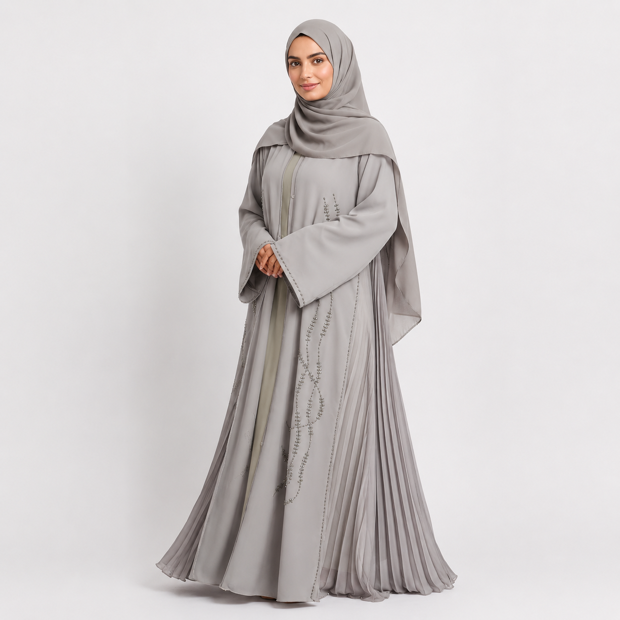 Light Gray Luxury Crystal Pleated Open Abaya