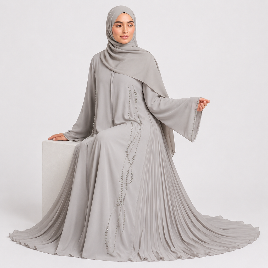 Light Gray Luxury Crystal Pleated Open Abaya