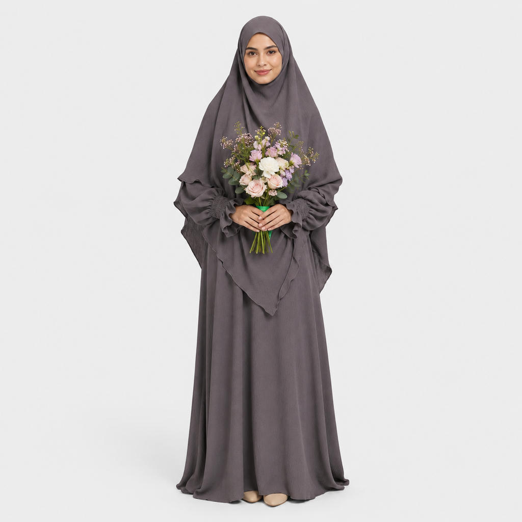 Grey Abaya and Two-Layer Khimar Set