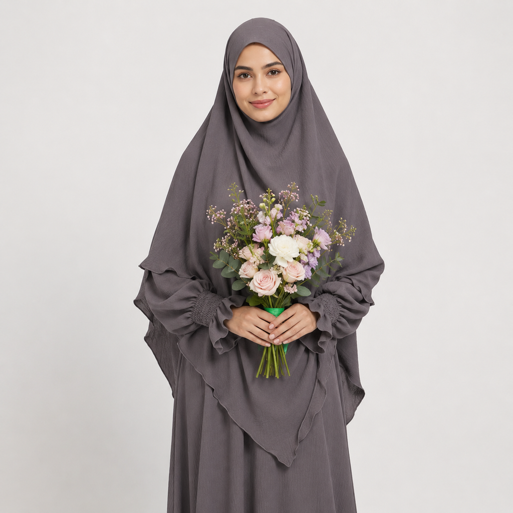 Grey Abaya and Two-Layer Khimar Set