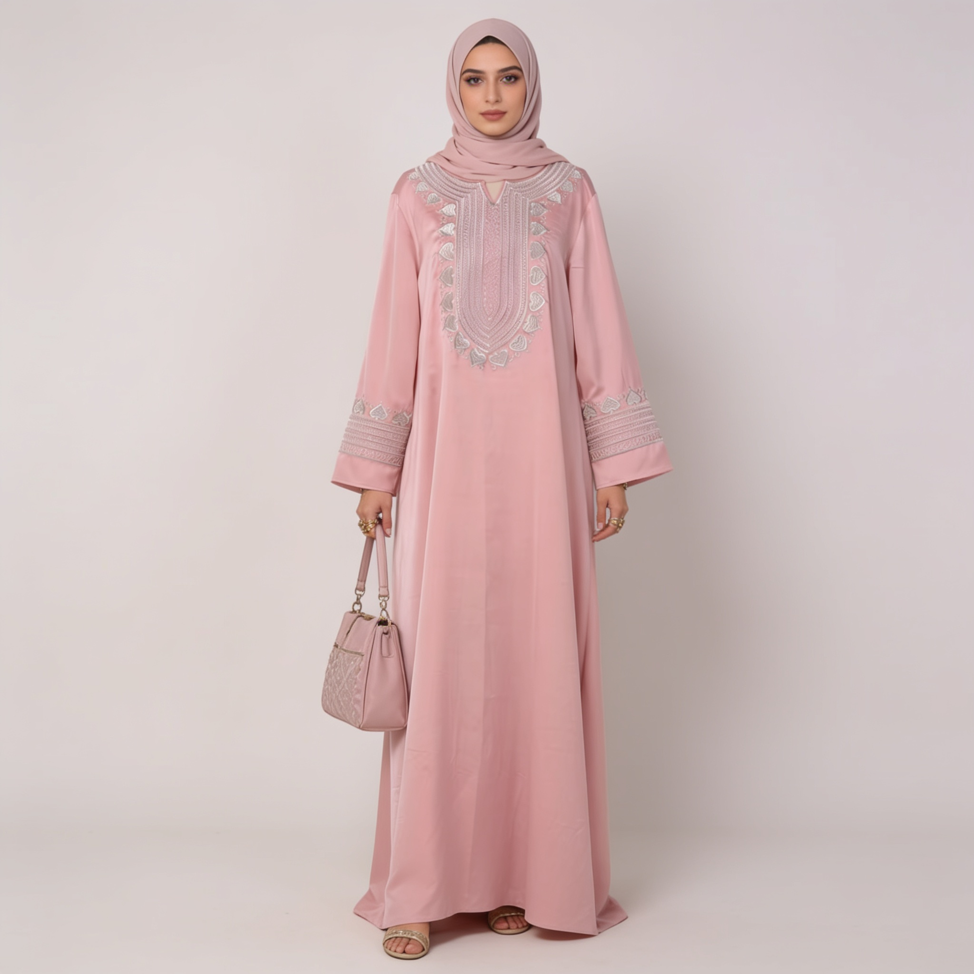 Woman wearing a pink dress with beige embroidery on a white background