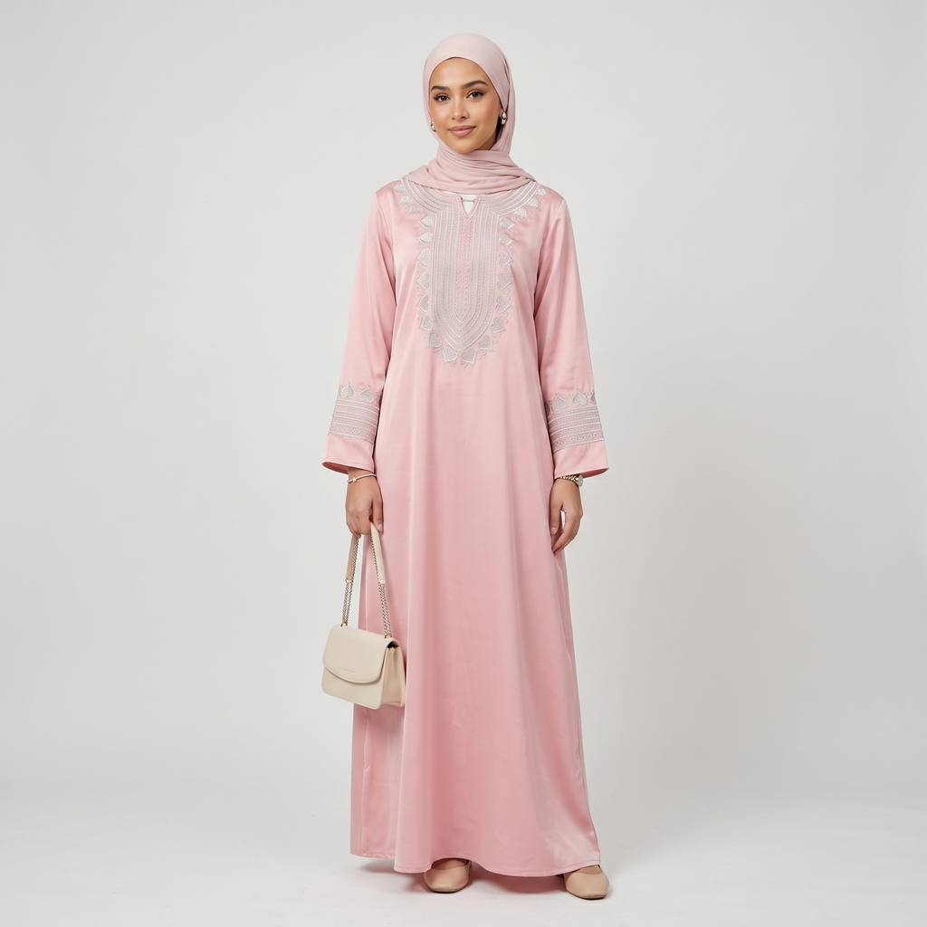 Woman wearing a pink dress with lace details on a white background