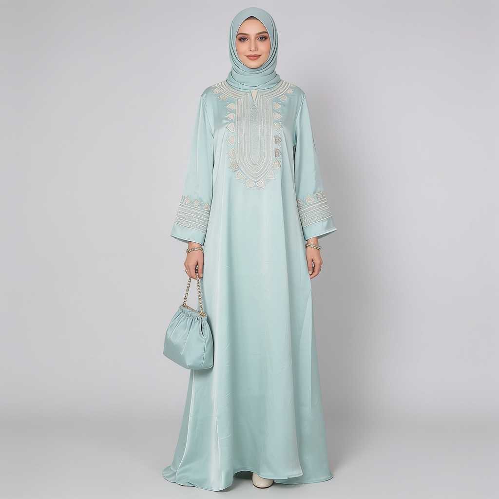 Woman wearing a light blue dress with beige embroidery on a white background