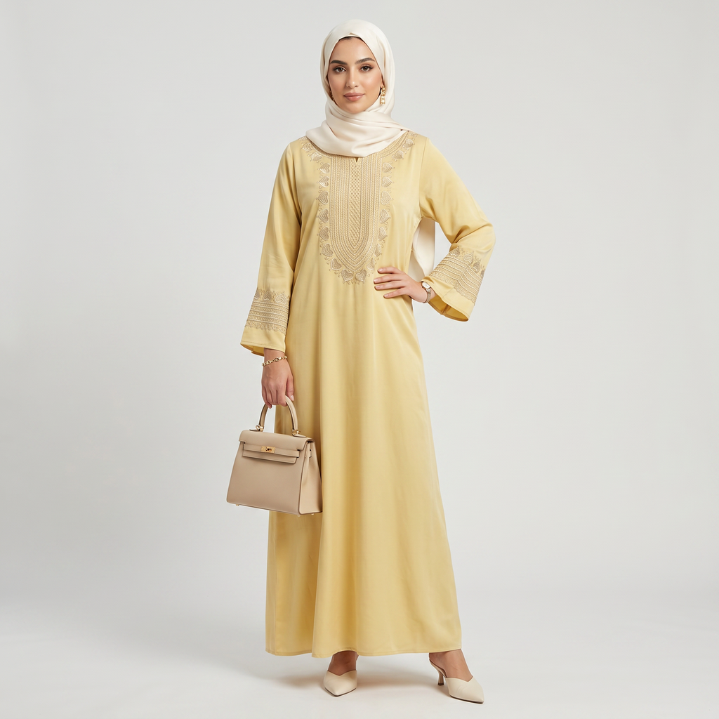 Woman wearing a yellow dress with beige embroidery on a white background