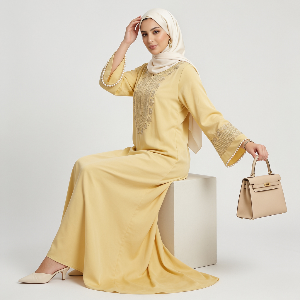 Woman in a yellow traditional outfit with a beige hijab and handbag on a white background