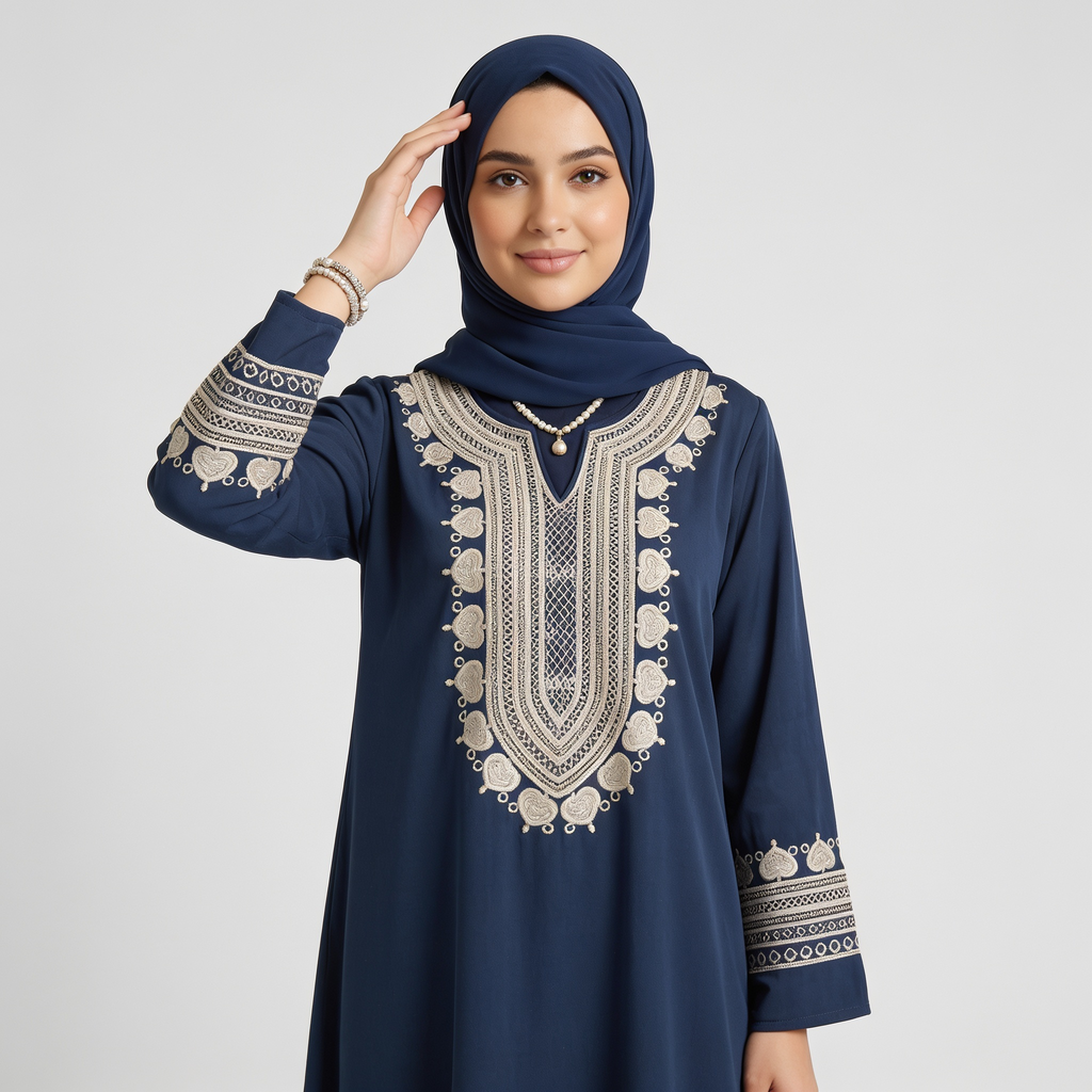 Navy blue dress with intricate white embroidery on a plain background