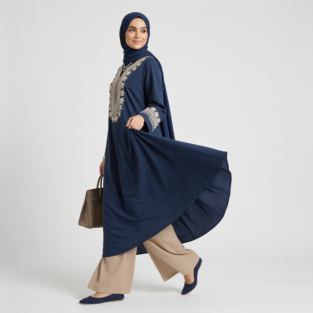 Woman wearing a navy blue dress with beige embroidery on a white background