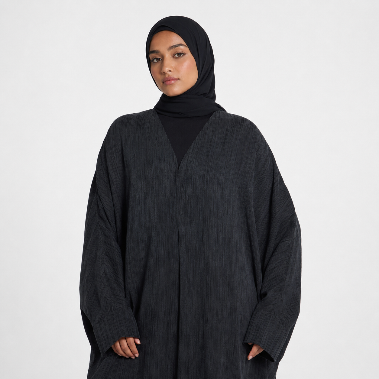 Textured Open Abaya in Rich Ink with Snap Closure