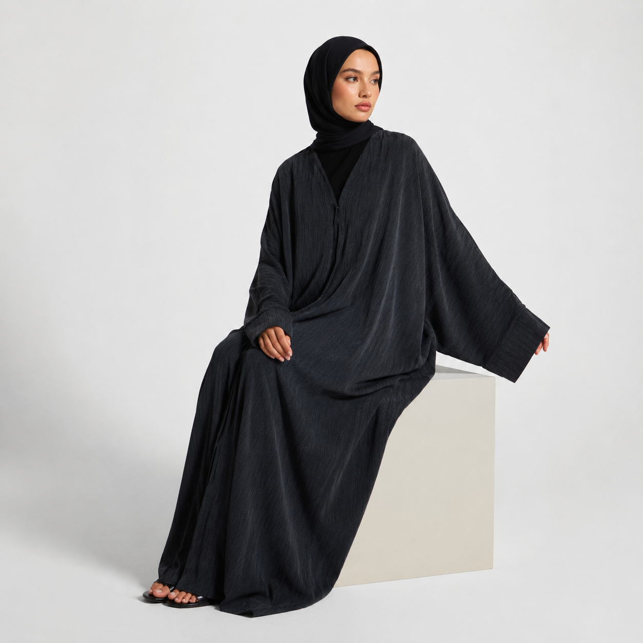 Textured Open Abaya in Rich Ink with Snap Closure