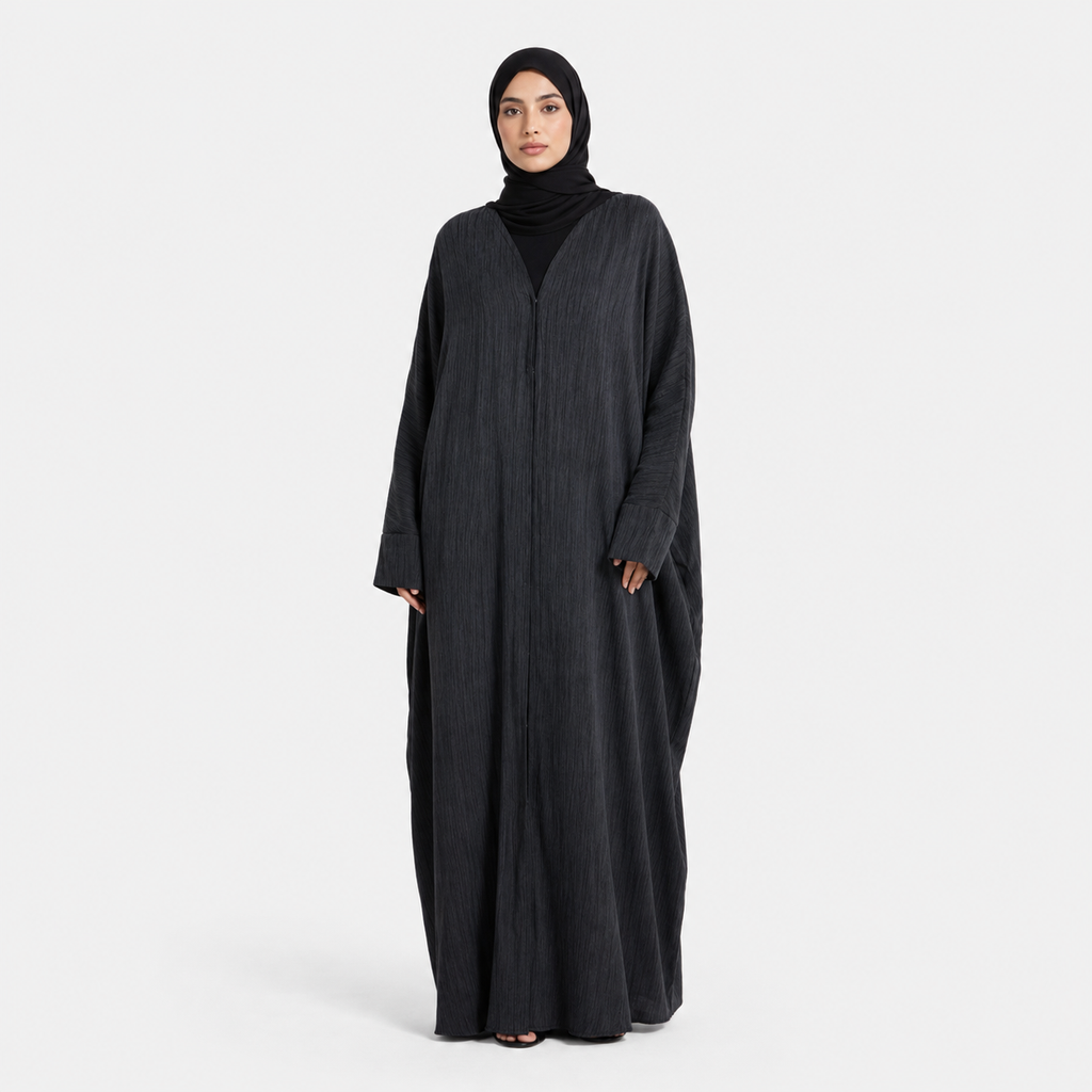 Textured Open Abaya in Rich Ink with Snap Closure