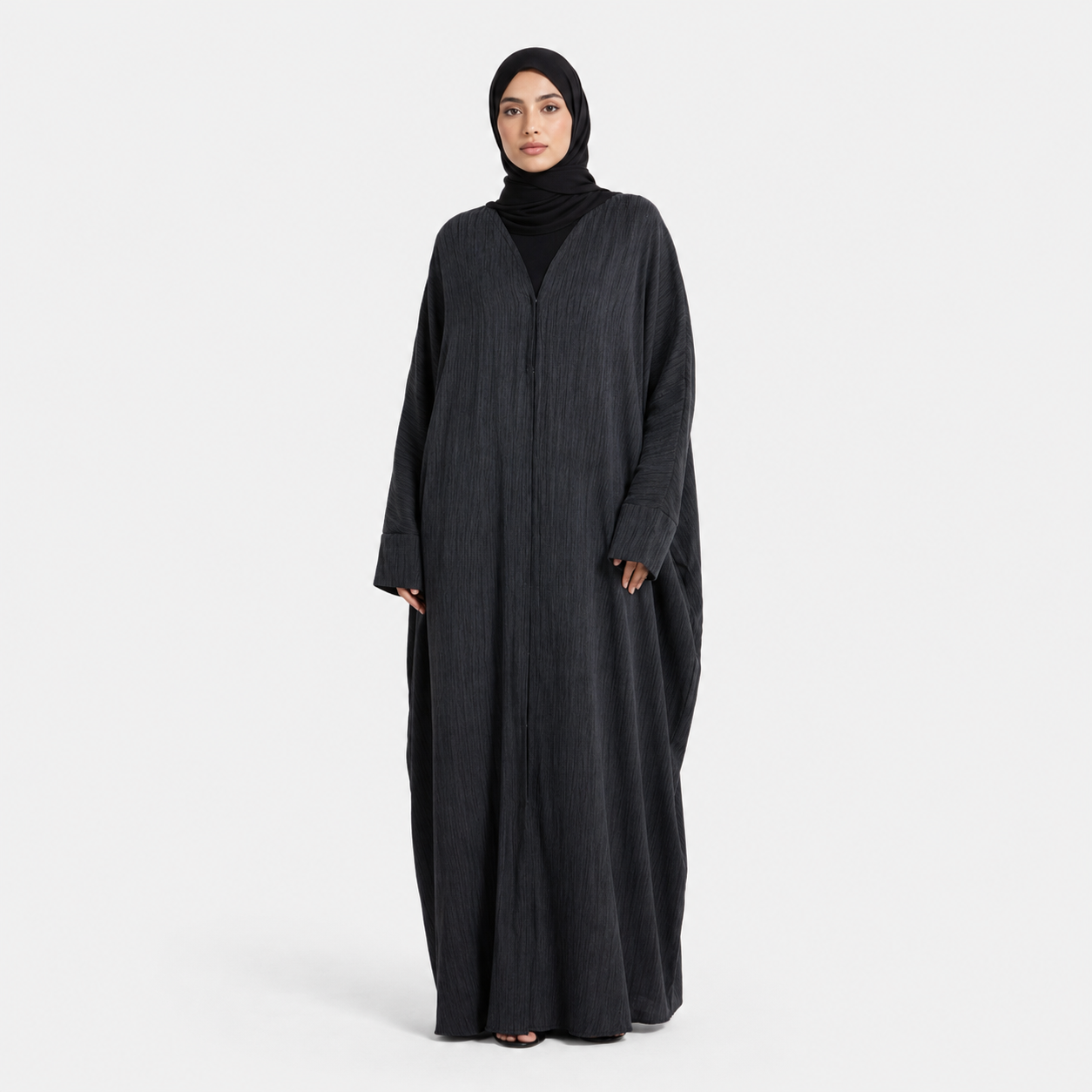 Textured Open Abaya in Rich Ink with Snap Closure