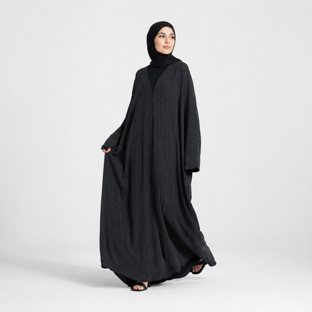 Textured Open Abaya in Rich Ink with Snap Closure
