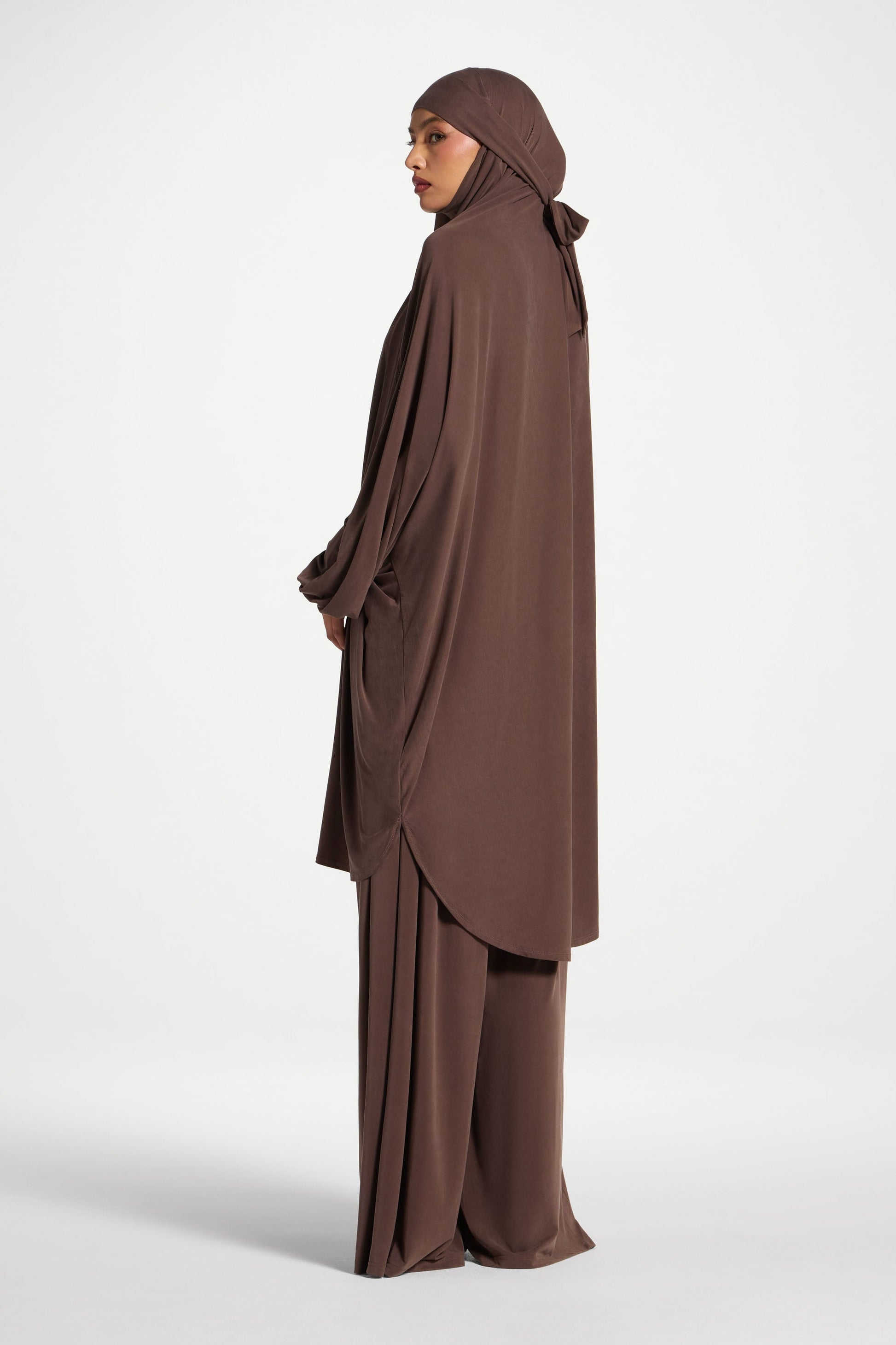 Coffee Jersey Prayer Set with Ultra-Wide Palazzo Pants