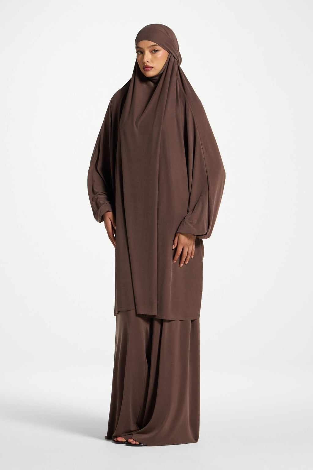 Coffee Jersey Prayer Set with Ultra-Wide Palazzo Pants
