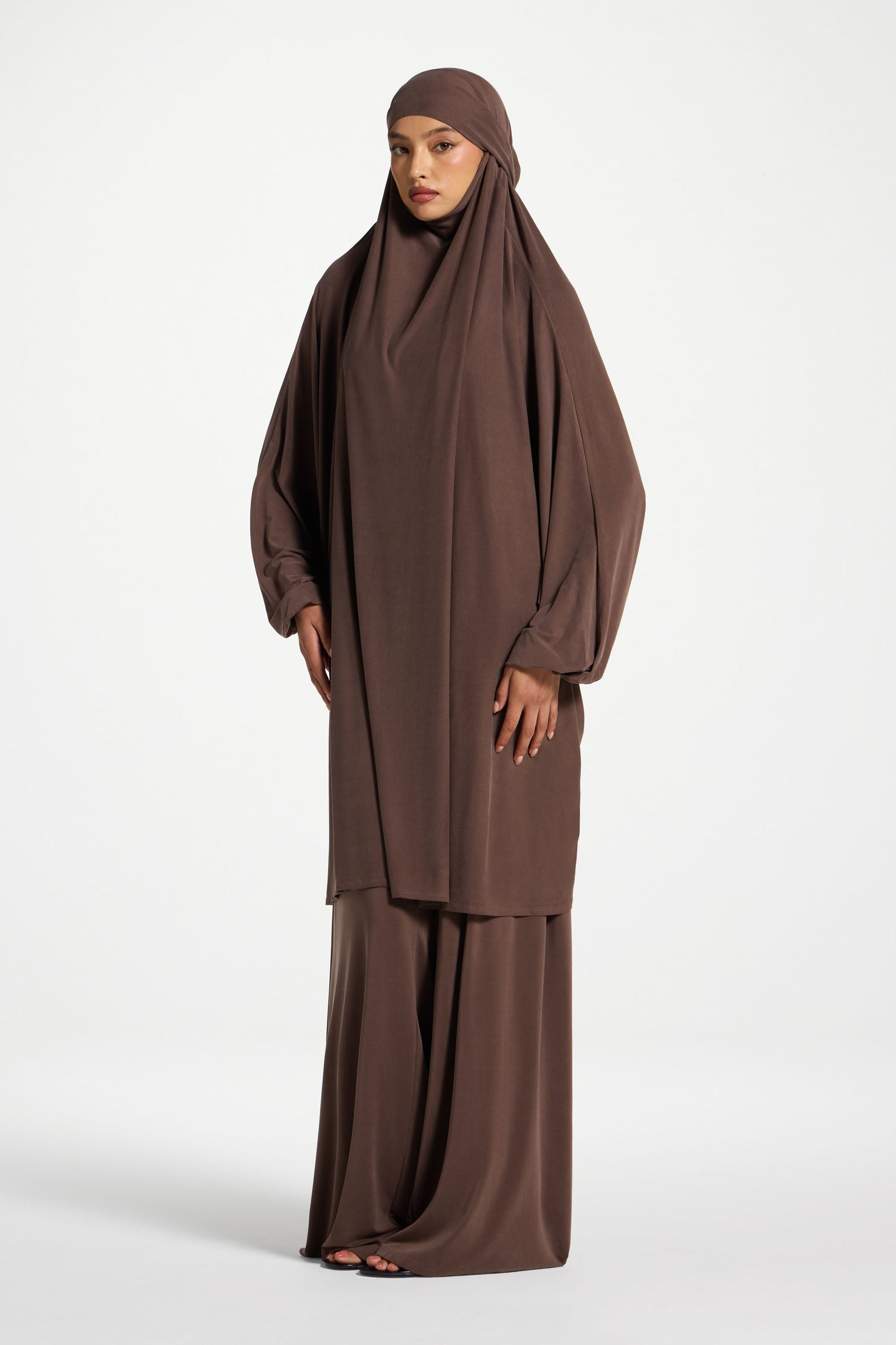 Coffee Jersey Prayer Set with Ultra-Wide Palazzo Pants