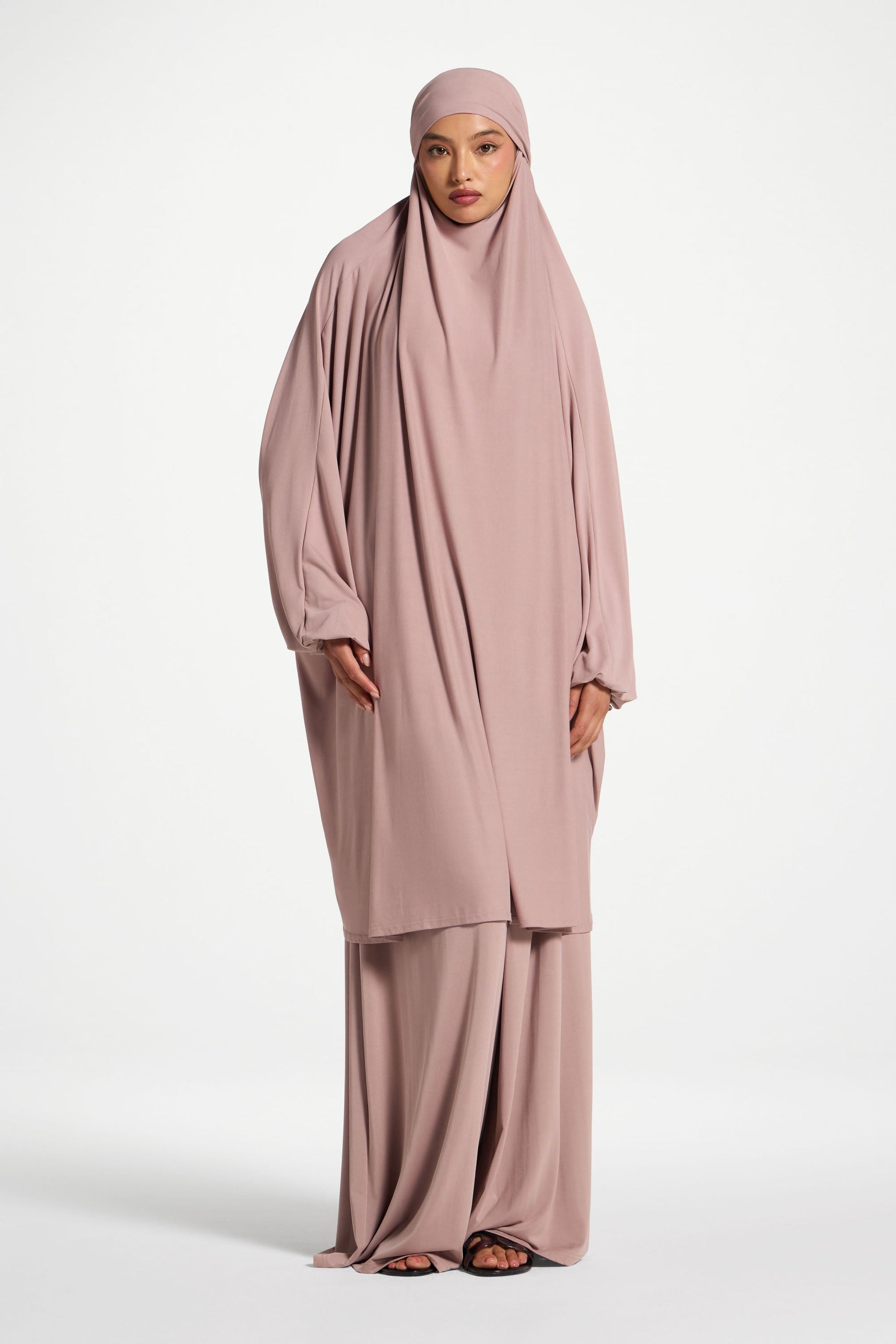 Pink Stretchy Jersey Prayer Set with Ultra-Wide Palazzo Pants