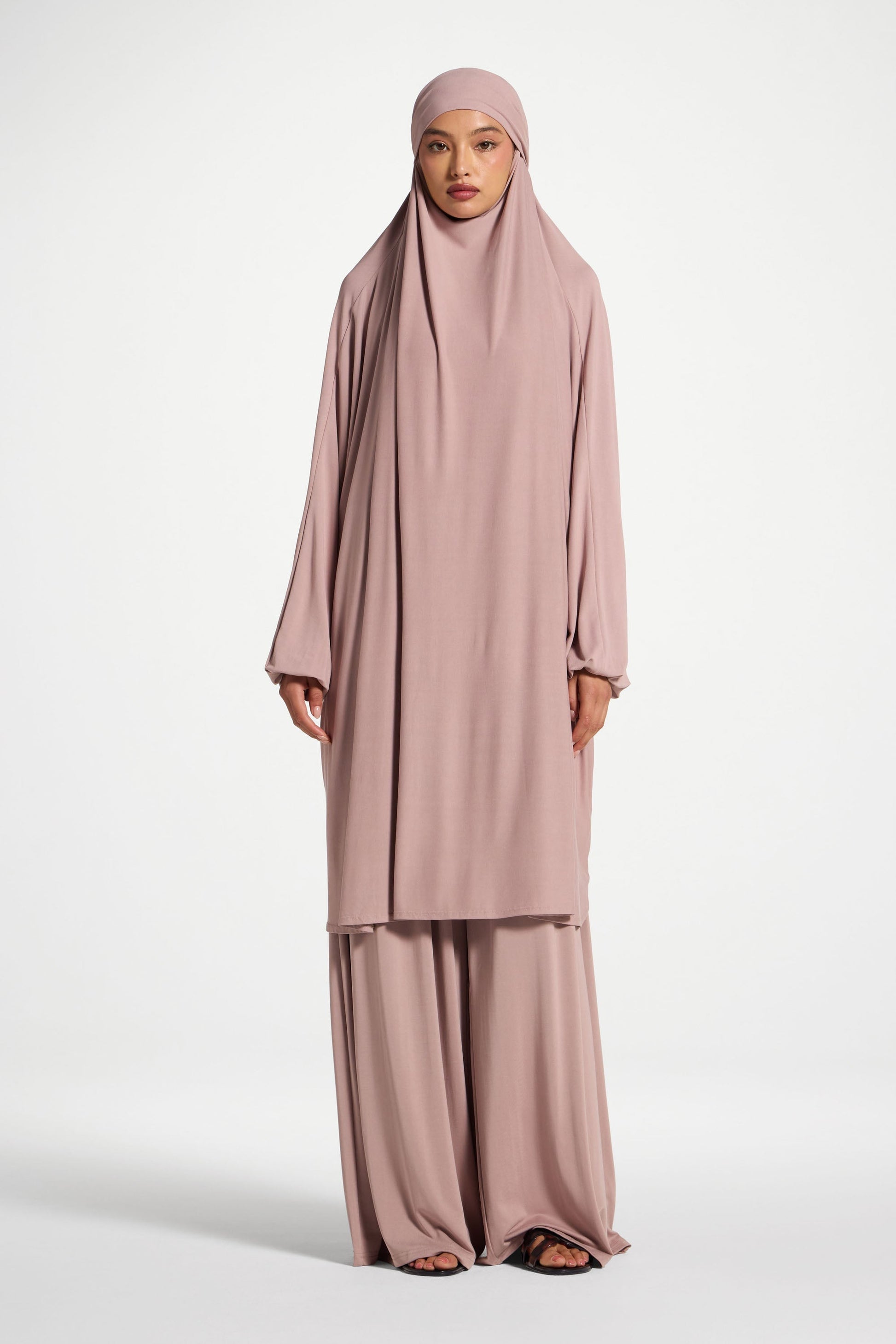 Pink Stretchy Jersey Prayer Set with Ultra-Wide Palazzo Pants