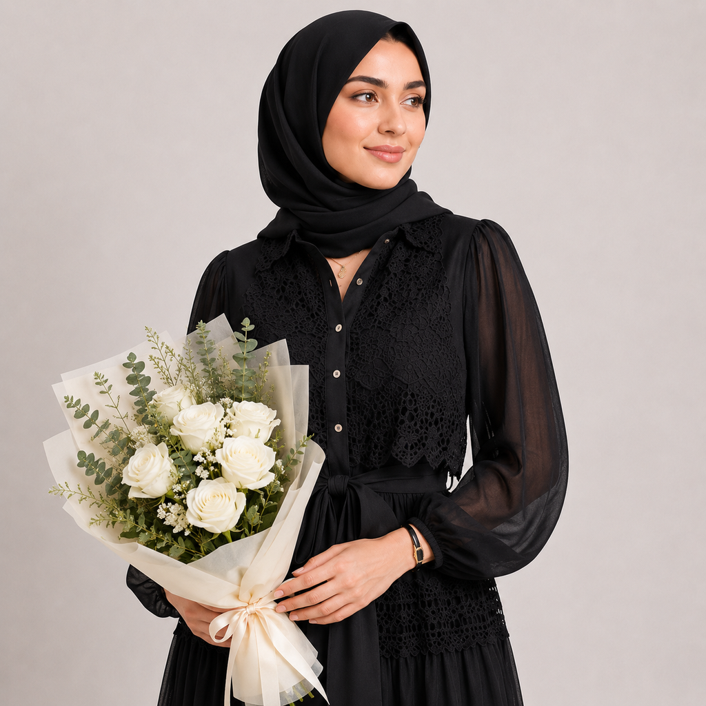 Woman in a black hijab holding a bouquet of white flowers against a plain background