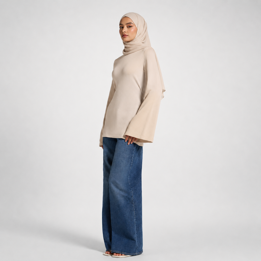 Woman wearing a beige hijab and blue jeans on a white background