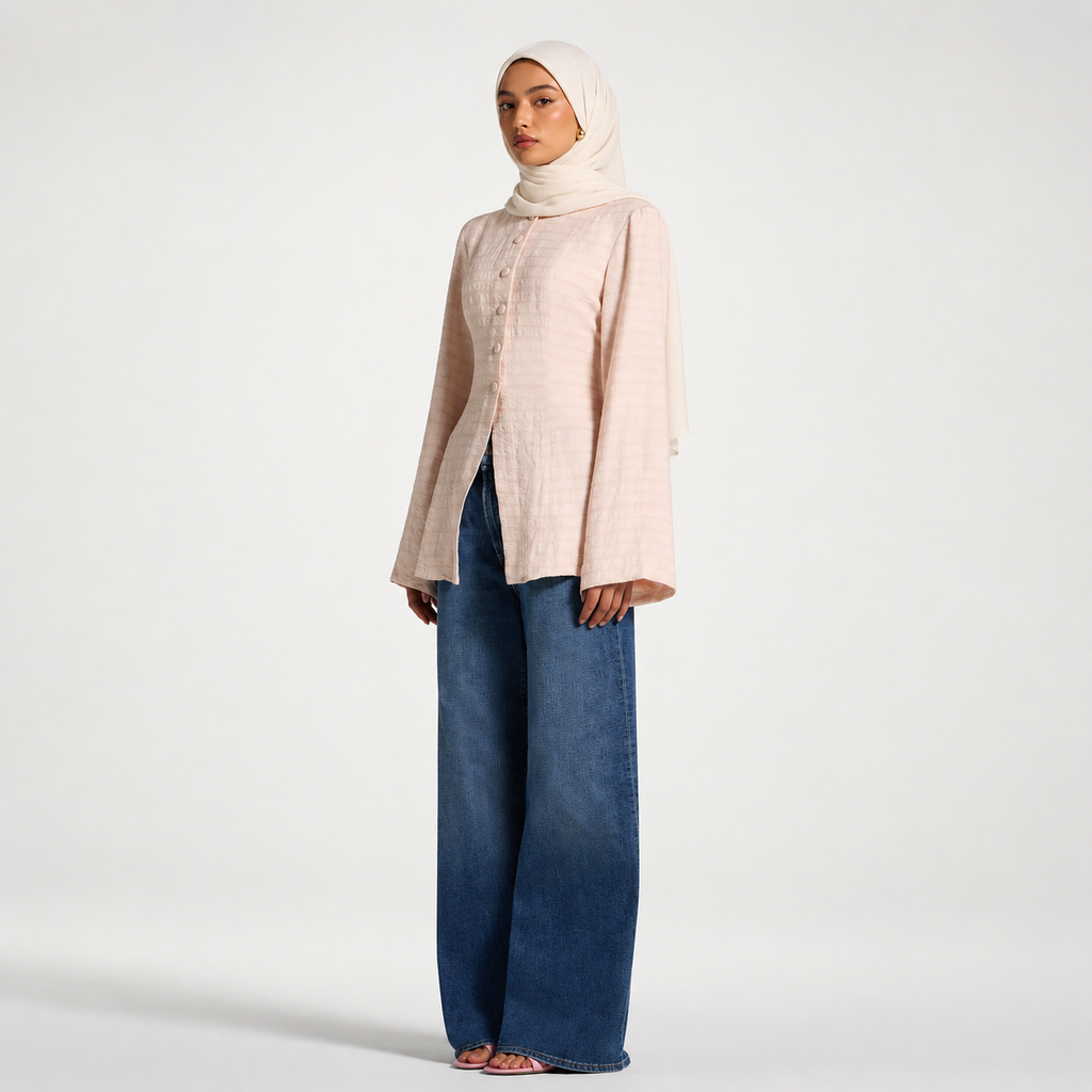 Pink Lace Up Back Top - Modest Button Front Blouse