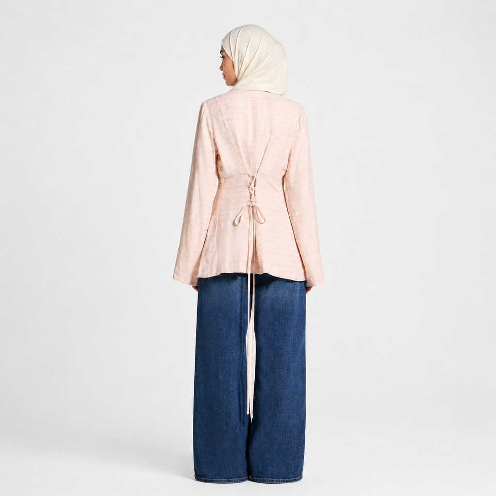 Pink Lace Up Back Top - Modest Button Front Blouse