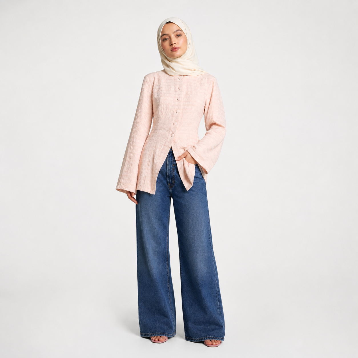 Pink Lace Up Back Top - Modest Button Front Blouse