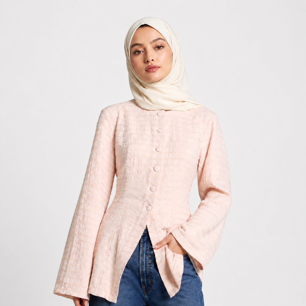Pink Lace Up Back Top - Modest Button Front Blouse