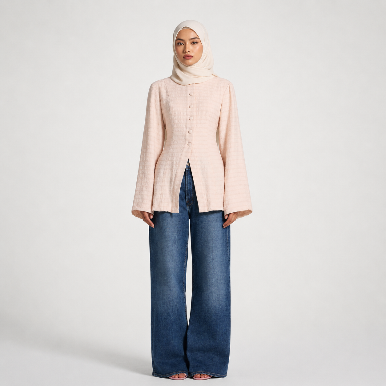 Pink Lace Up Back Top - Modest Button Front Blouse