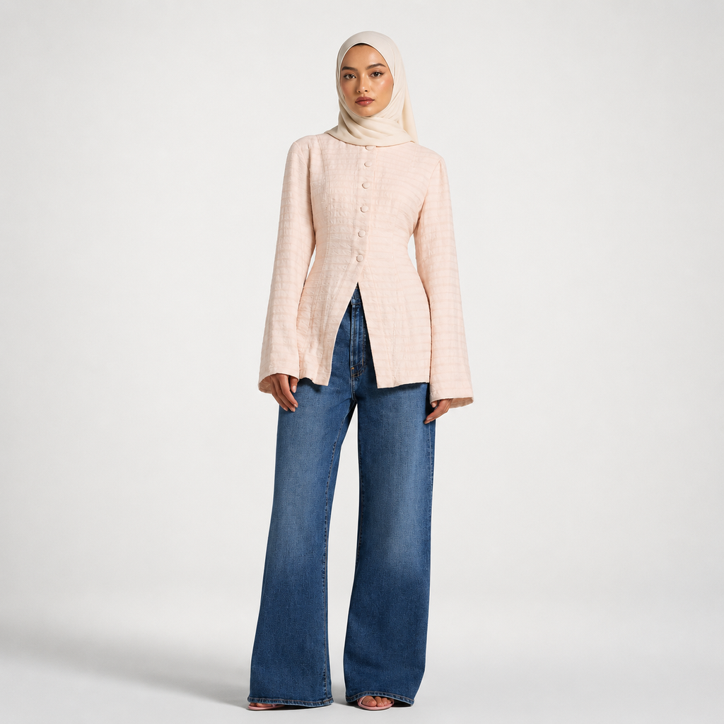 Pink Lace Up Back Top - Modest Button Front Blouse