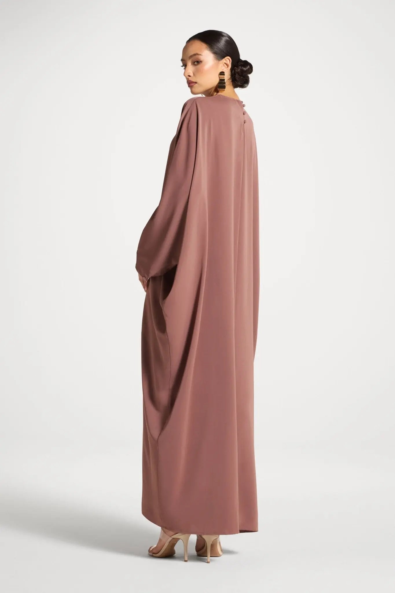 Light Brown Satin Maxi Dress with Flare Sleeves - Mahara Atelier